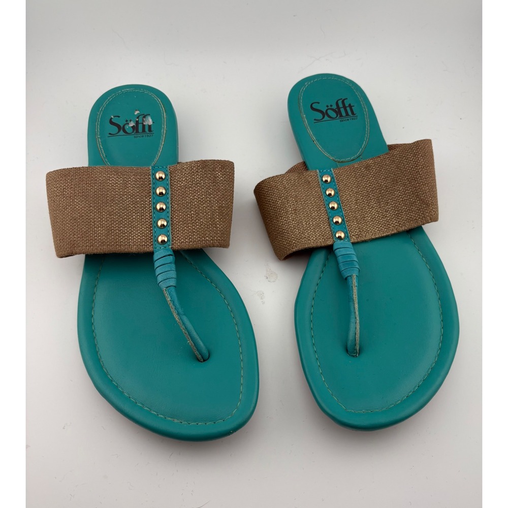 Sofft Women's Teal Leather Flat Thong Sandals Embellished Comfort Size 8